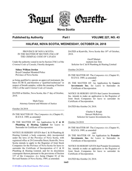 NS Royal Gazette Part I