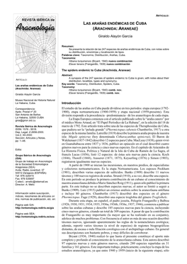 Las Arañas Endémicas De Cuba (Arachnida: Araneae)