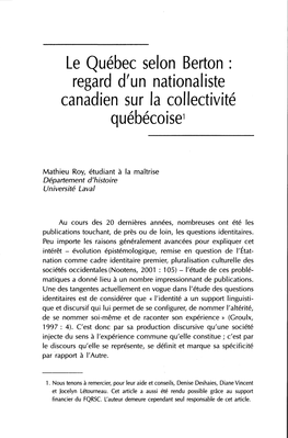 Le Québec Selon Berton : Regard D'un Nationaliste Canadien Sur La Collectivité Québécoise1