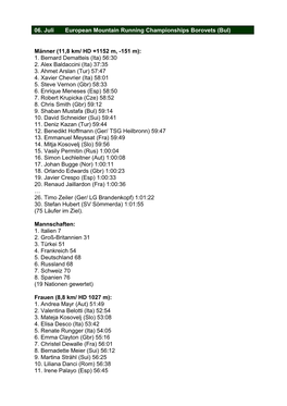 Männer (11,8 Km/ HD +1152 M, -151 M): 1. Bernard Dematteis (Ita) 56:30 2. Alex Baldaccini (Ita) 37:35 3. Ahmet Arslan (Tur) 57:47 4