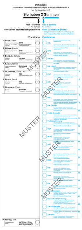 Stimmzettel Für Die Wahl Zum Deutschen Bundestag Im Wahlkreis 105 Mettmann II Am 24