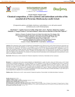 Chemical Composition, in Vitro Cytotoxic and Antioxidant Activities of the Essential Oil of Peruvian Minthostachys Mollis Griseb