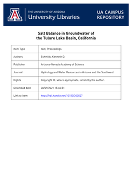 Salt Balance in Groundwater of the Tulare Lake Basin, California