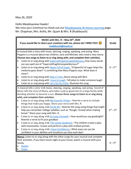 May 26, 2020 Hello Meadowview Hawks!