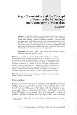 Logoi Spermatikoi and the Concept of Seeds in the Mineralogy and Cosmogony of Paracelsus Hiro HIRAI *