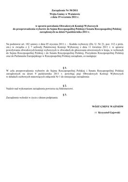 Zarządzenie Nr 50/2011 Wójta Gminy W Waśniowie Z Dnia 19 Września 2011 R