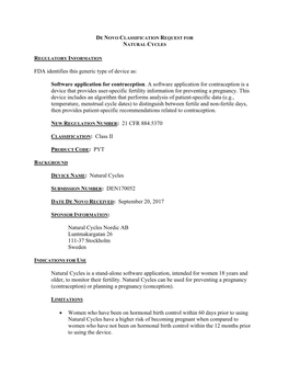 De Novo Classification Request for Natural Cycles