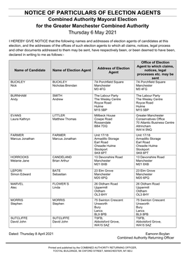 Notice of Particulars of Election Agents for Greater Manchester