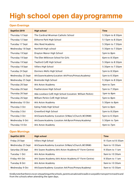 High School Open Day Programme