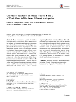 Genetics of Resistance in Lettuce to Races 1 and 2 of Verticillium Dahliae from Different Host Species