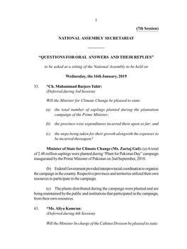 1 (7Th Session) NATIONAL ASSEMBLY SECRETARIAT ———— “QUESTIONS for ORAL ANSWERS and THEIR REPLIES” to Be Asked At