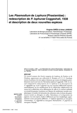 Les Plasmodium De Lophura (Phasianidae) : Redescription De P. Lophurae Coggeshall, 1938 Et Description De Deux Nouvelles Espèces