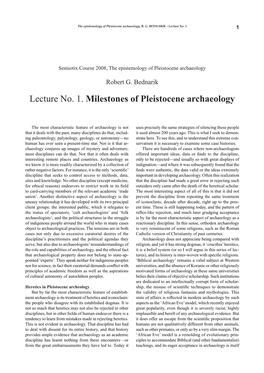Milestones of Pleistocene Archaeology