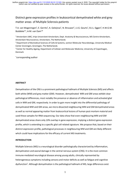 Distinct Gene Expression Profiles in Leukocortical Demyelinated White and Grey Matter Areas of Multiple Sclerosis Patients