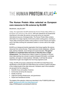 The Human Protein Atlas Selected As European Core Resource in Life Science by ELIXIR