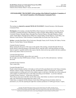 STENOGRAPHIC TRANSCRIPT of the Meeting of the Political Consultative Committee of the Central Committee of the Romanian Communist Party