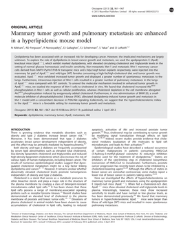 Mammary Tumor Growth and Pulmonary Metastasis Are Enhanced in a Hyperlipidemic Mouse Model