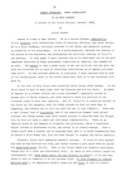 AENEAS IMPERATOR; ROMAN GENERALSHIP in an EPIC CONTEXT a Lecture to the Virgil Society, January, 1980, by R.G.M. Nisbet Aeneas I