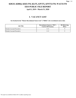 KBGO, KBRQ, KIIZ-FM, KLFX, KWTX, KWTX-FM, WACO-FM EEO PUBLIC FILE REPORT April 1, 2019 - March 31, 2020