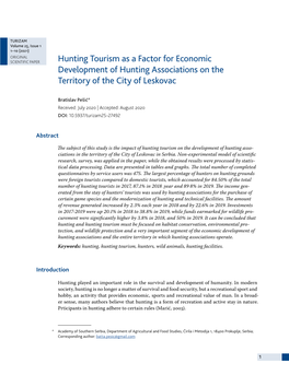 Hunting Tourism As a Factor for Economic Development of Hunting Associations on the Territory of the City of Leskovac