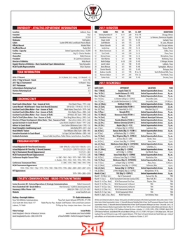 UNIVERSITY • ATHLETICS DEPARTMENT INFORMATION 2017-18 ROSTER Location Lubbock, Texas NO