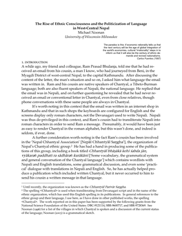 The Rise of Ethnic Consciousness and the Politicization of Language in West-Central Nepal Michael Noonan University of Wisconsin-Milwaukee