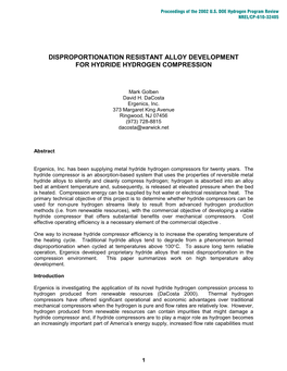 Disproportionation Resistant Alloy Development of Hydride Hydrogen