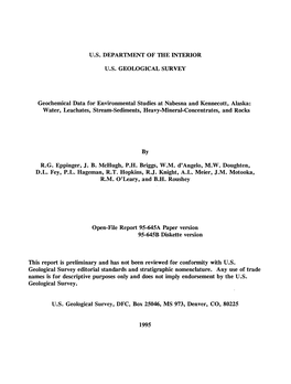 Geochemical Data for Environmental Studies at Nabesna and Kennecott, Alaska: Water, Leachates, Stream-Sediments, Heavy-Mineral-Concentrates, and Rocks