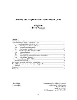 Poverty and Inequality and Social Policy in China