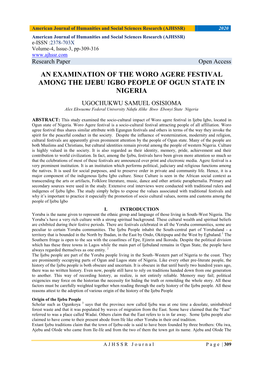 An Examination of the Woro Agere Festival Among the Ijebu Igbo People of Ogun State in Nigeria