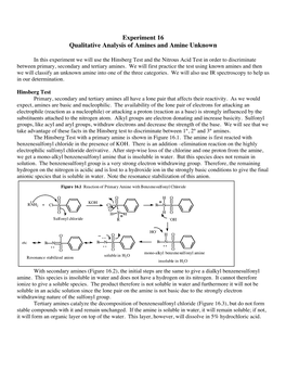 Experiment 16 Qualitative Analysis of Amines and Amine Unknown