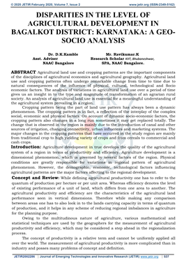 Disparities in the Level of Agricultural Development in Bagalkot District: Karnataka: a Geo- Socio Analysis