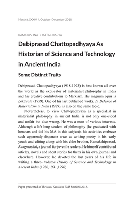 Debiprasad Chattopadhyaya As Historian of Science and Technology in Ancient India