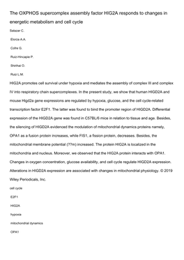 The OXPHOS Supercomplex Assembly Factor HIG2A Responds to Changes in Energetic Metabolism and Cell Cycle