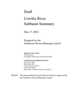 Draft Cowlitz River Subbasin Summary