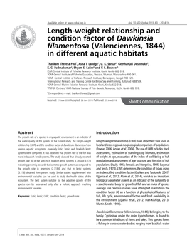 Length-Weight Relationship and Condition Factor of Dawkinsia Filamentosa (Valenciennes, 1844) in Different Aquatic Habitats