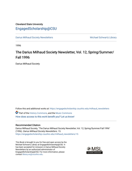 The Darius Milhaud Society Newsletter, Vol. 12, Spring/Summer/Fall 1996" (1996)