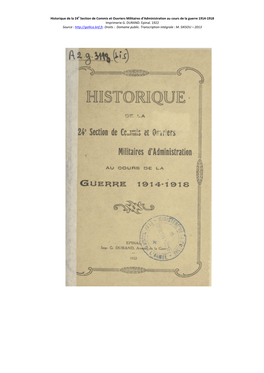 Historique De La 24E Section De Commis Et Ouvriers Militaires D'administration Au Cours De La Guerre 1914-1918 Imprimerie G. D