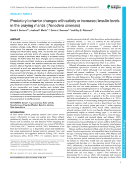 Predatory Behavior Changes with Satiety Or Increased Insulin Levels in the Praying Mantis (Tenodera Sinensis) David J