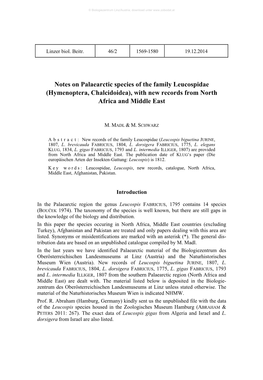 Notes on Palaearctic Species of the Family Leucospidae (Hymenoptera, Chalcidoidea), with New Records from North Africa and Middle East