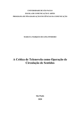 A Crítica De Telenovela Como Operação De Circulação De Sentidos