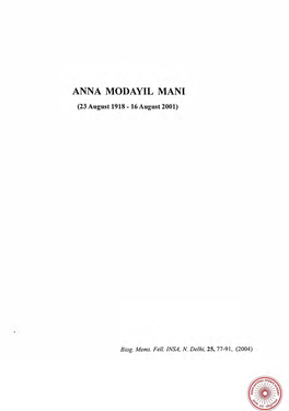 ANNA MODAYIL MANI (1918-2001) Elected Fellow 1977