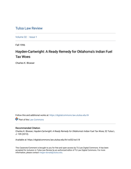 Hayden-Cartwright: a Ready Remedy for Oklahoma's Indian Fuel Tax Woes