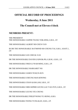 OFFICIAL RECORD of PROCEEDINGS Wednesday, 8