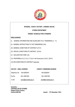 600 038. Stores Department Tender Schedule for E