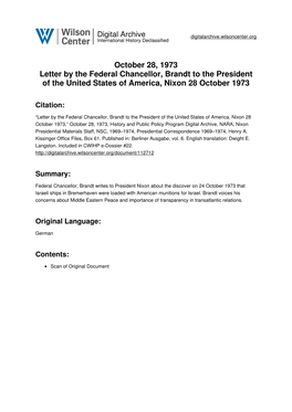 October 28, 1973 Letter by the Federal Chancellor, Brandt to the President of the United States of America, Nixon 28 October 1973