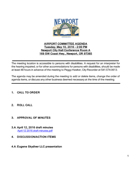 AIRPORT COMMITTEE AGENDA Tuesday, May 10, 2016 - 2:00 PM Newport City Hall Conference Room a 169 SW Coast Hwy., Newport, OR 97365