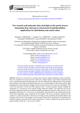 New Acoustic and Molecular Data Shed Light on the Poorly Known Amazonian Frog Adenomera Simonstuarti (Leptodactylidae): Implications for Distribution and Conservation