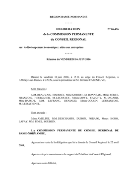 DELIBERATION De La COMMISSION PERMANENTE Du CONSEIL REGIONAL