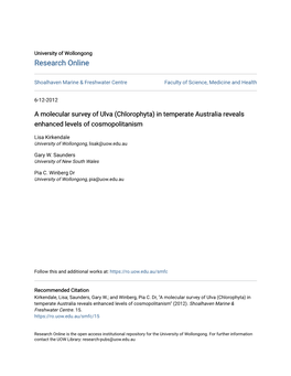A Molecular Survey of Ulva (Chlorophyta) in Temperate Australia Reveals Enhanced Levels of Cosmopolitanism